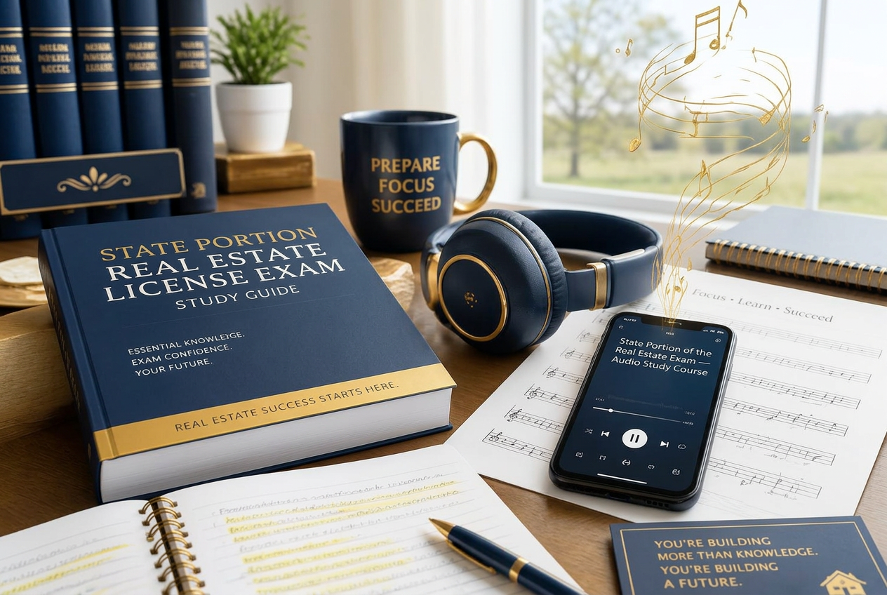 Real estate exam study guide, headphones, sheet music and an audio player on a desk